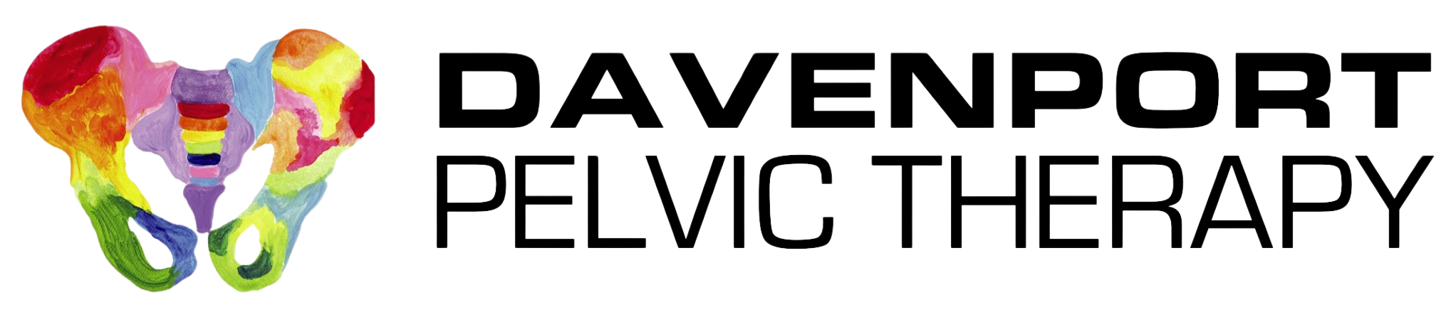 Logo for Davenport Pelvic Therapy, featuring a colorful illustration of a pelvic bone and bold black text to the right as the main header.